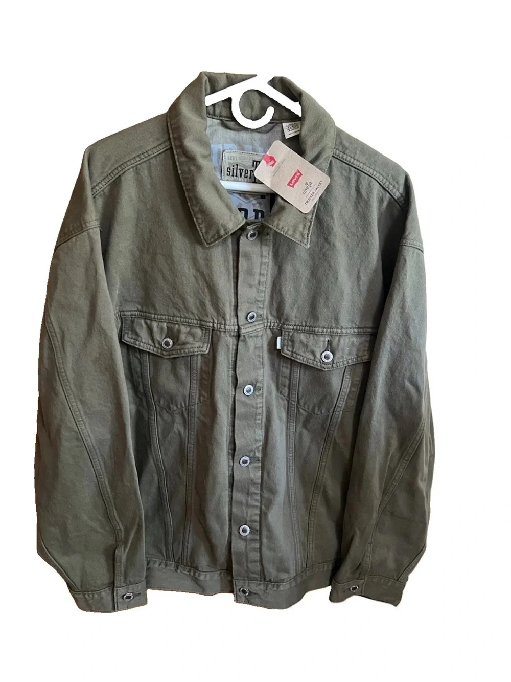 Levis SilverTab Mens 2XL Denim Trucker Jacket Dark Olive Green 30x30 NWT Flaws